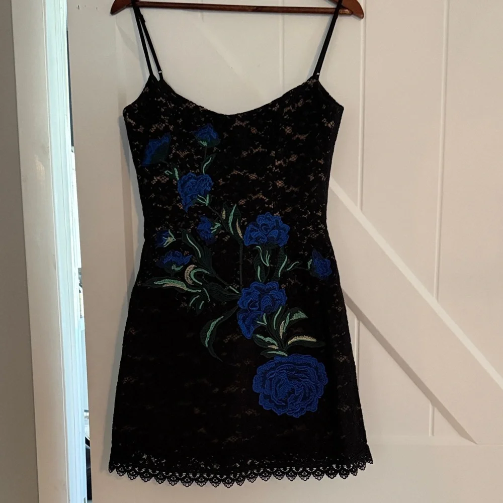 Black Lace Slip Dress with Blue Floral Embroidery - Picture 4 of 5